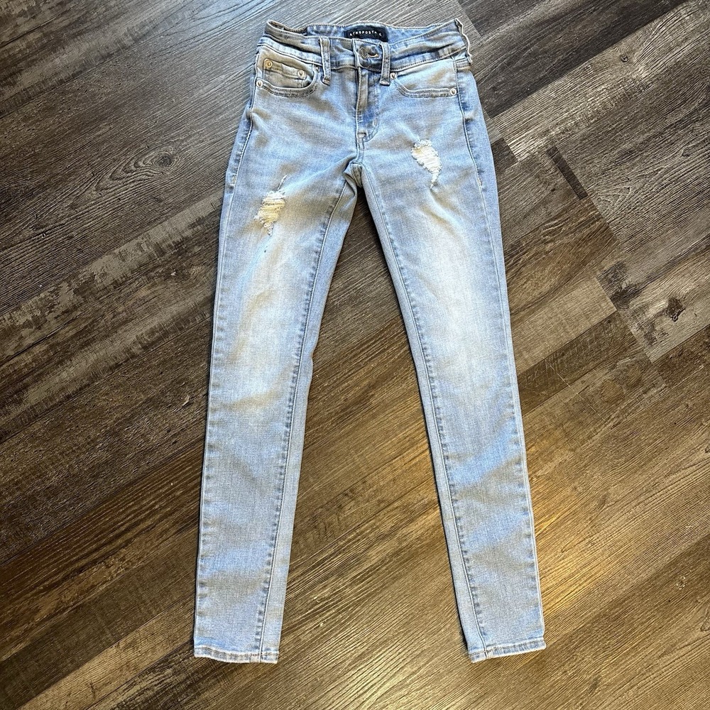 #0060 Aeropostale Low Rise Women 000 Distressed Light Wash Skinny Jeans Denim